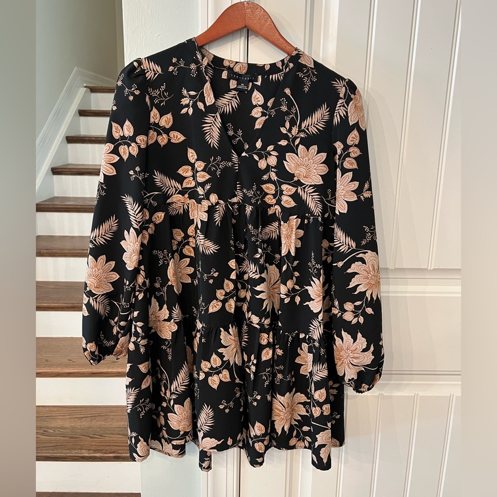Sanctuary Floral Mini Dress Black Tan Long Sleeve Tiered Boho XXS